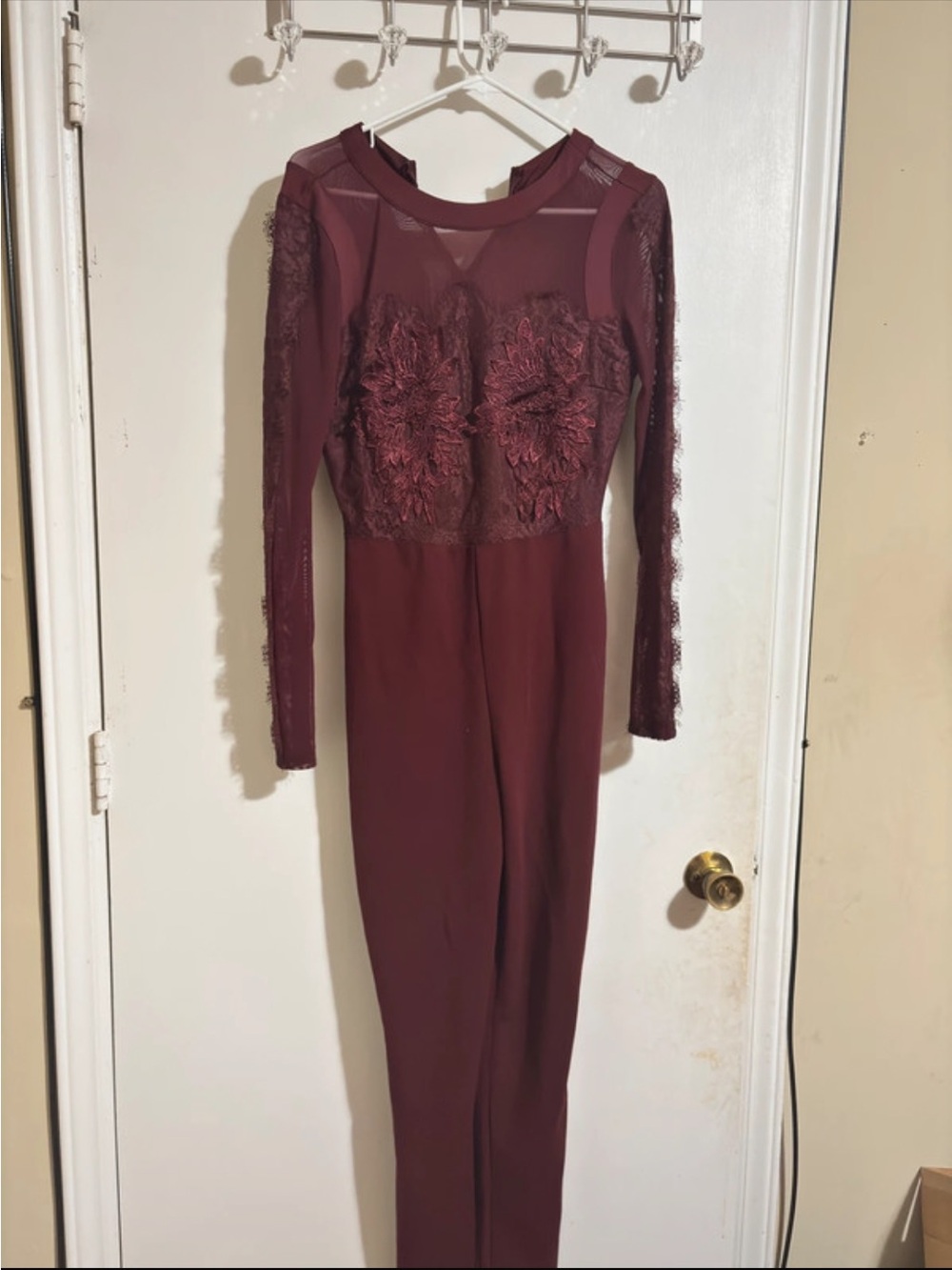Long Sleeve Burgundy Lace Jumpsuit